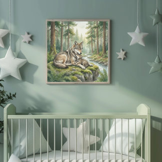 Poster Maman Louve et sa charmante nurserie de louveteaux