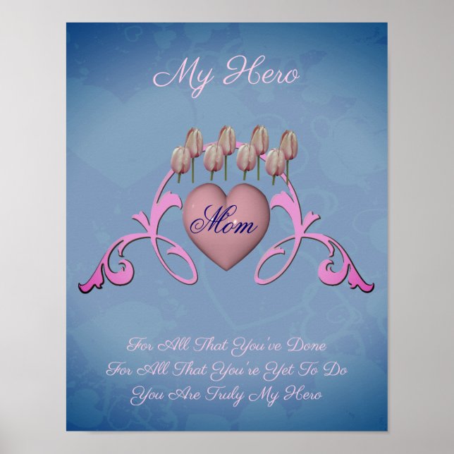 Poster Maman Mon Hero Coeur Et Fleurs Personnalisé (Devant)