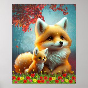Poster Maman renard orange mignonne et bébé - Art pour la