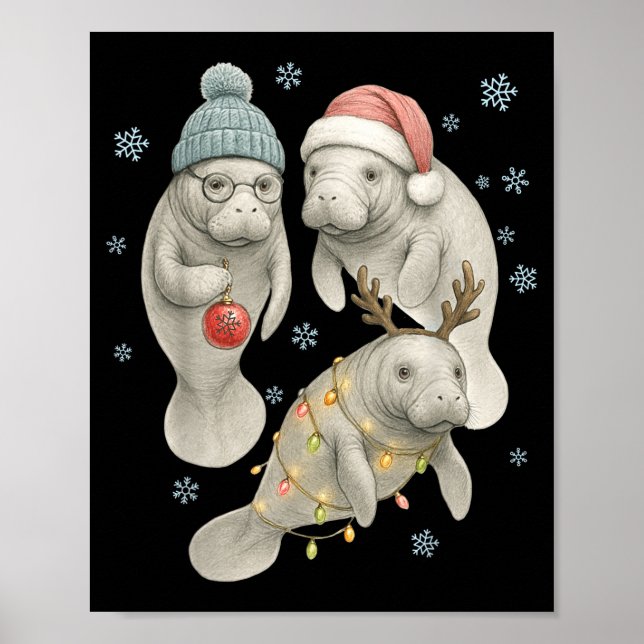 Poster Manatee Christmas Manatee Santa Reindeer Lights Wo (Devant)