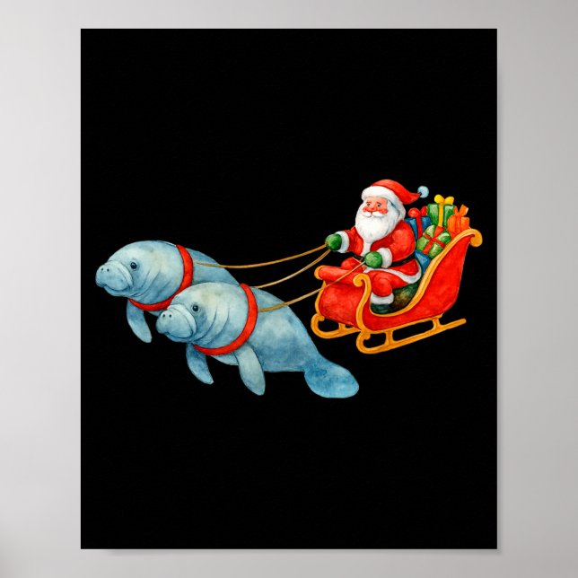 Poster Manatee Santa Christmas Sleigh - Funny Manatee Xma (Devant)