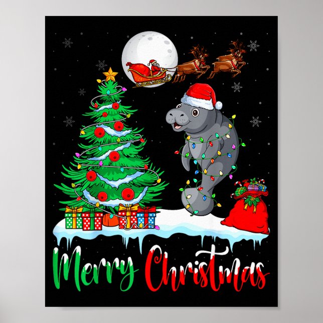 Poster Manatee Santa Hat Xmas Tree Merry Christmas Manate (Devant)