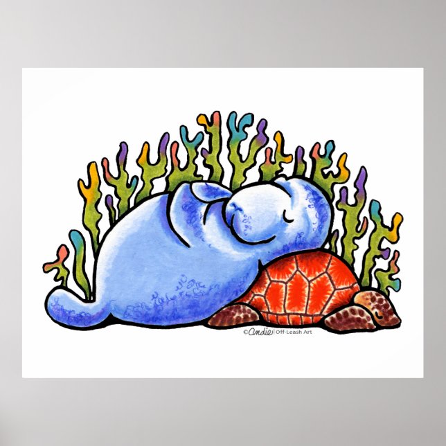 Poster Manatee Sea Turtle Stwood Party by Off Leash Art (Devant)