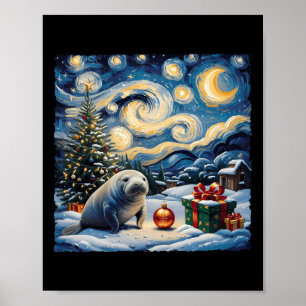 Poster Manatee Van Gogh Style Starry Night Christmas Wint