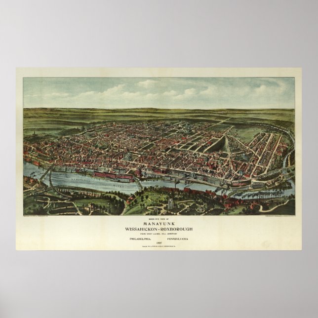 Poster Manayunk Wissahickon Roxborough PA Carte aérienne (Devant)