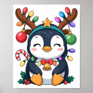 Poster Manchot de Noël Renne Lumières Animaux de Fêtes K