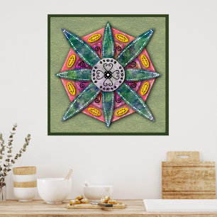 Poster Mandala 8 pétales de fleurs vertes sur l'huile d'o