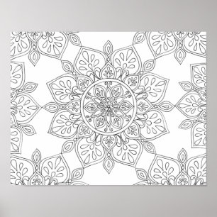 Poster Mandala à colorier noir blanc floral