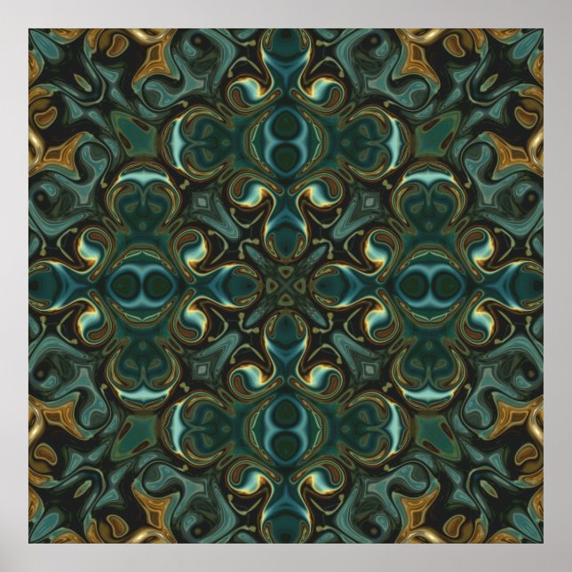 Poster Mandala abstrait symétrique émeraude et or (Devant)