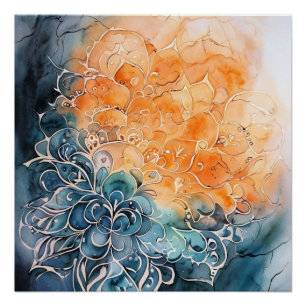 Poster Mandala aquarelle bleu et orange vibrant
