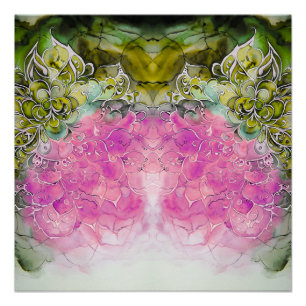 Poster Mandala aquarelle verte et rose abstraite 
