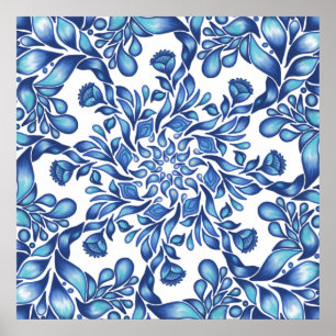 Poster Mandala aux fleurs et aux feuilles en blues