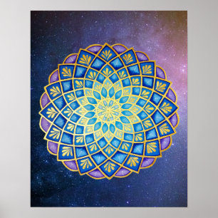 Poster Mandala Blue Purple Golden Flower Galaxy