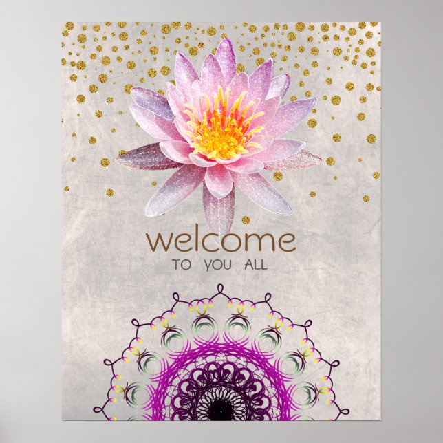 Poster Mandala Damask Lotus Bienvenue Méditation Yoga (Devant)