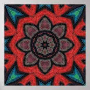 Poster Mandala de fleurs en kaléidoscope rouge et noir gr