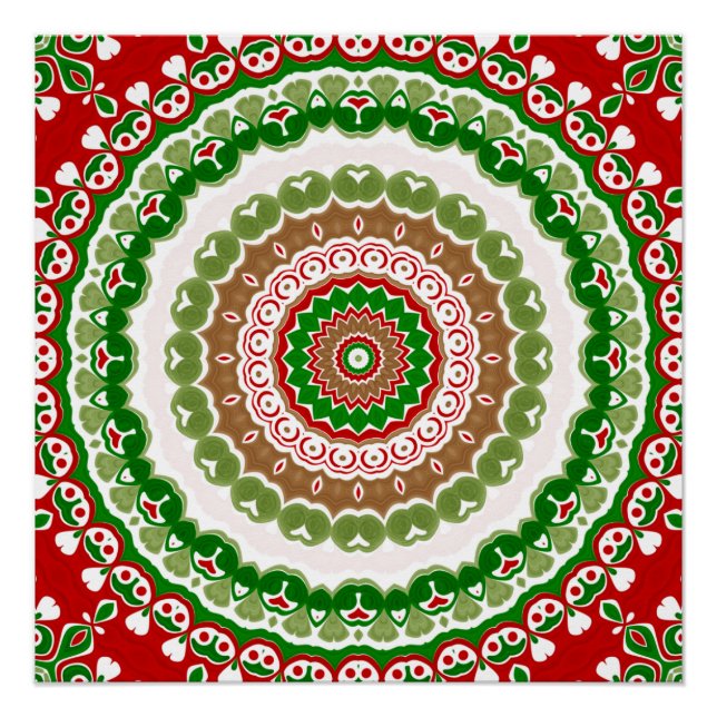 Poster Mandala de Noël en or rouge, vert et chaud (Devant)
