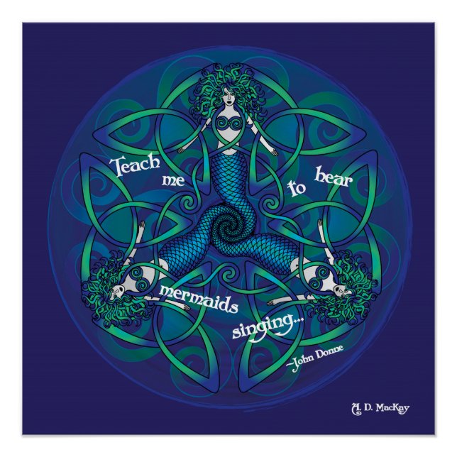 Poster Mandala de sirène celtique en bleu et vert (Devant)