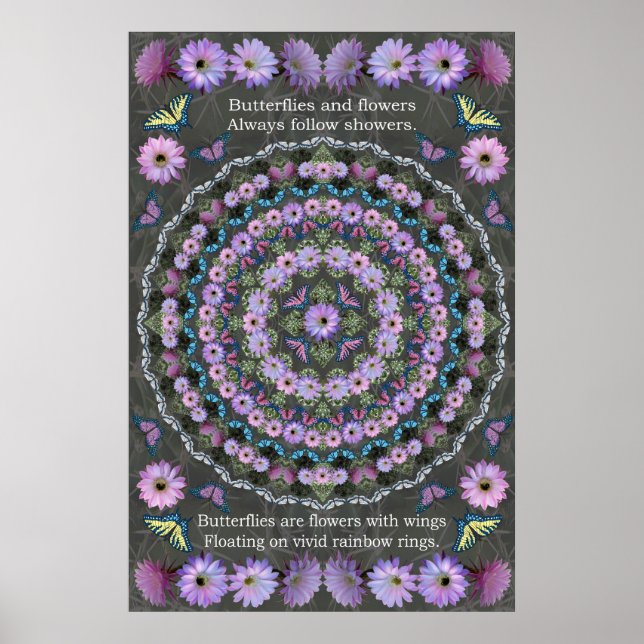 Poster Mandala en fleur de nuit avec des papillons (Devant)
