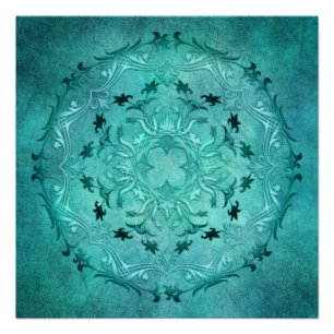 Poster Mandala ethnique floral turquoise grunge.