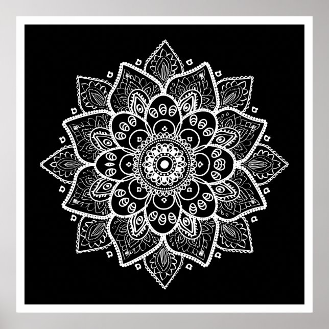 Poster Mandala Floral Blanc Sur Noir (Devant)