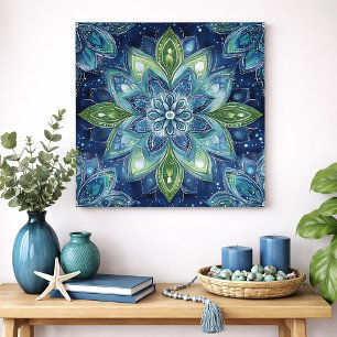 Poster Mandala Floral Bleu Vert Art Aquarelle