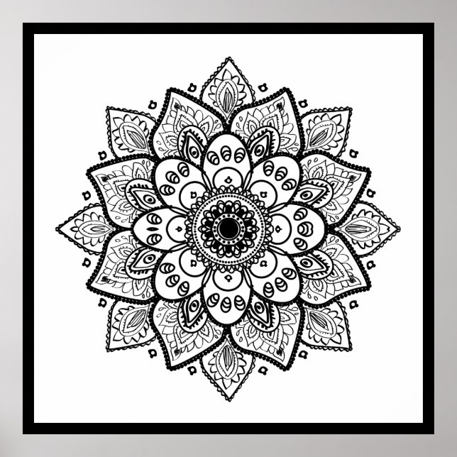 Poster Mandala Floral Noir En Blanc (Devant)