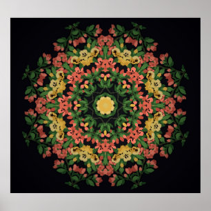 Poster Mandala floral : rouge, vintage jaune.