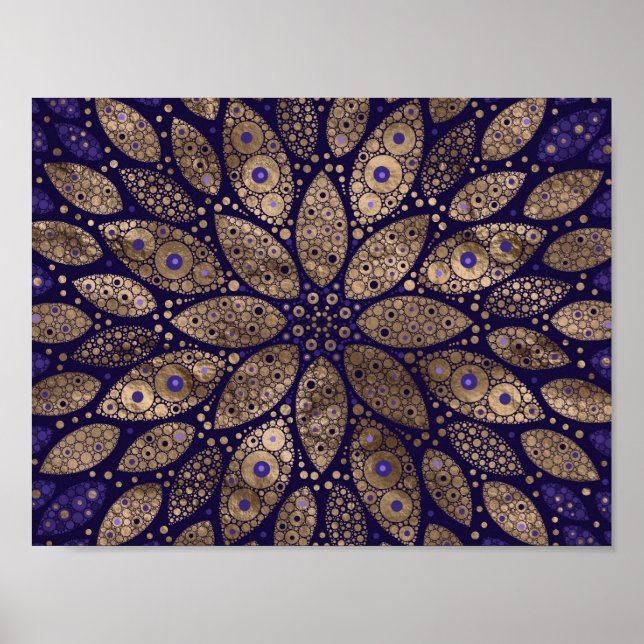 Poster Mandala Flower - Dot Art - violet et or (Devant)