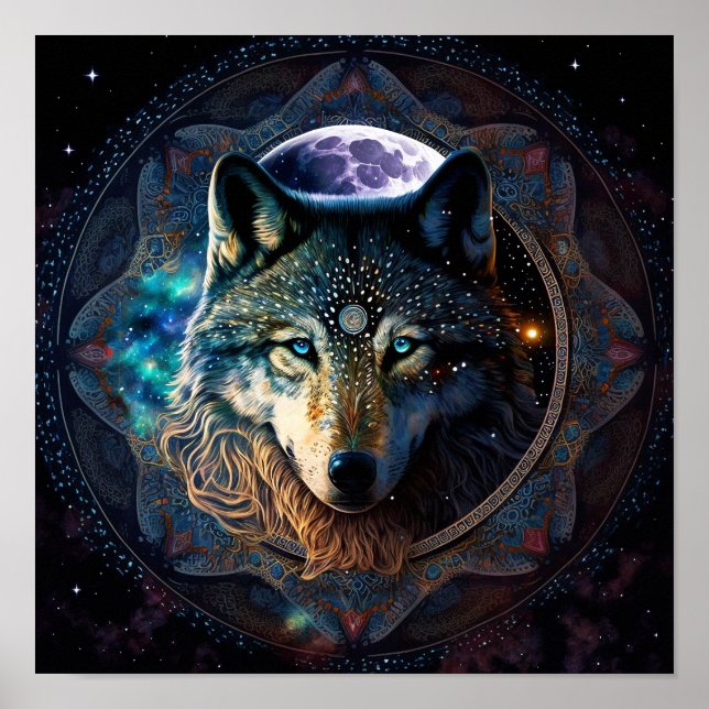 Poster Mandala, la lune mystique du loup (Devant)