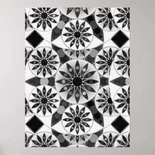 Poster Mandala motif, noir, blanc et gris