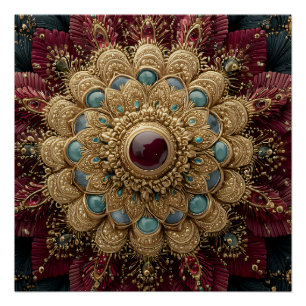 Poster Mandala Orné de Teal, Bourgogne et Orné de Bijoux