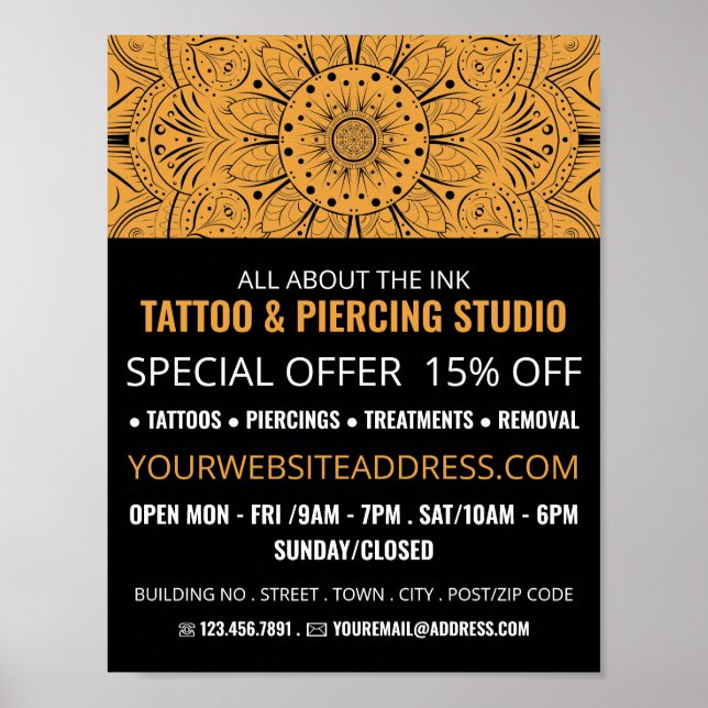 Poster Mandala Symbole, Tatouage & Corps Piercing Studio (Devant)