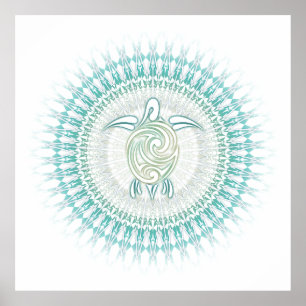 Poster Mandala Tortue Verte Turquoise Côtière