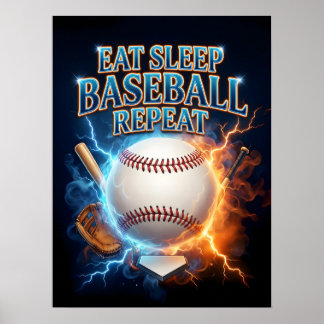 Poster Manger Dormir Baseball Rétro