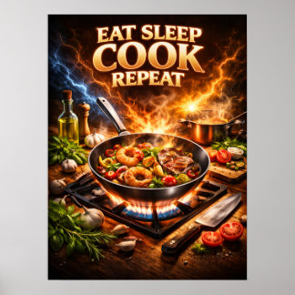 Poster Manger Dormir Cuisiner Rétro