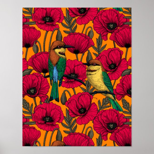 Poster Mangeurs d'abeilles et pavots sur orange (Devant)