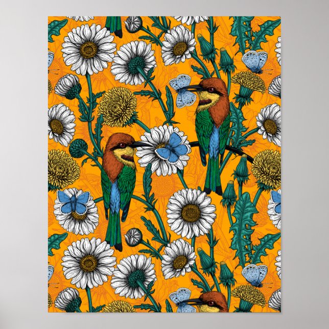 Poster Mangeurs d'abeilles, papillons bleus et marguerite (Devant)