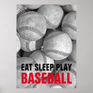 Poster Mangez le sommeil Jouer noir et blanc Baseball Mot