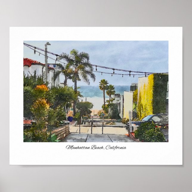 Poster Manhattan Beach, Californie Aquarelle Imprimer (Devant)