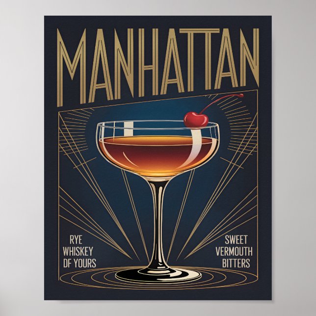 Poster Manhattan Cocktail Art Deco Navy Blue Bar (Devant)