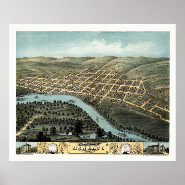 Poster Mankato, MN Carte panoramique - 1870 (Devant)