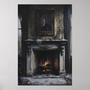 Poster Manteau de cheminée abandonné avec neige et portra