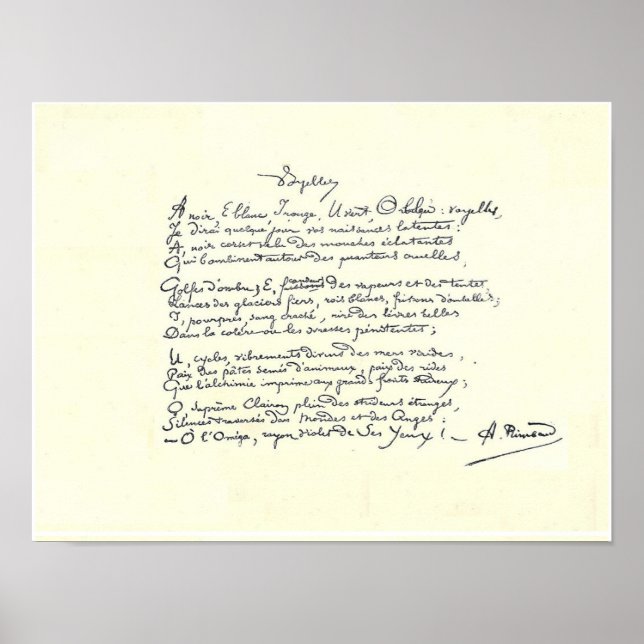 Poster manuscrit autographe de Voyelles (Rimbaud) (Devant)