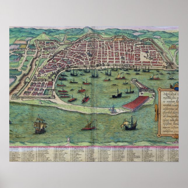 Poster Map of Messina, from 'Civitates Orbis Terrarum' by (Devant)