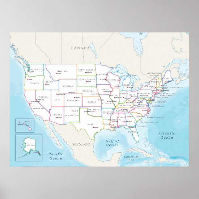 Poster Map of the United States with State Capitals (Devant)