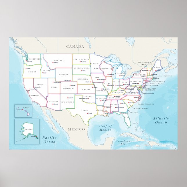 Poster Map of the United States with State Capitals (Devant)