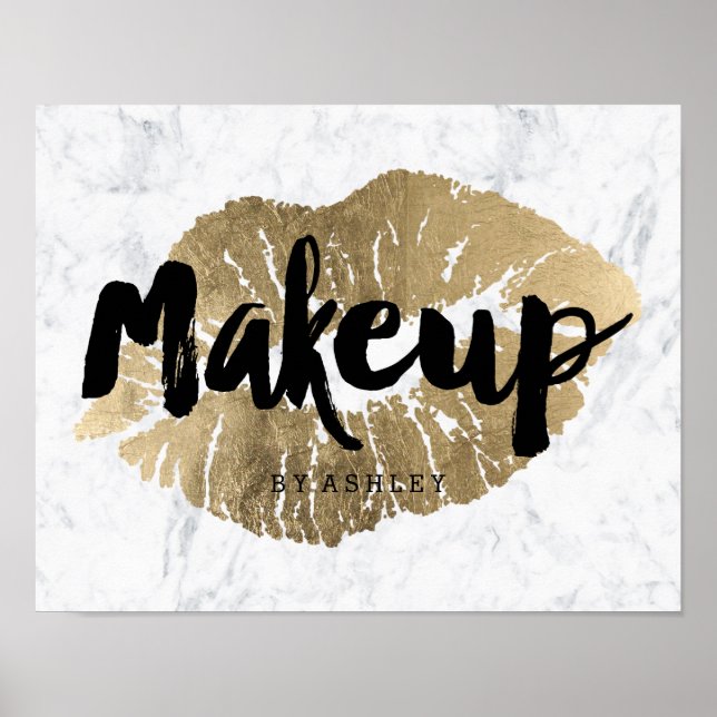 Poster Maquillage lèvres chic typographie or marbre (Devant)