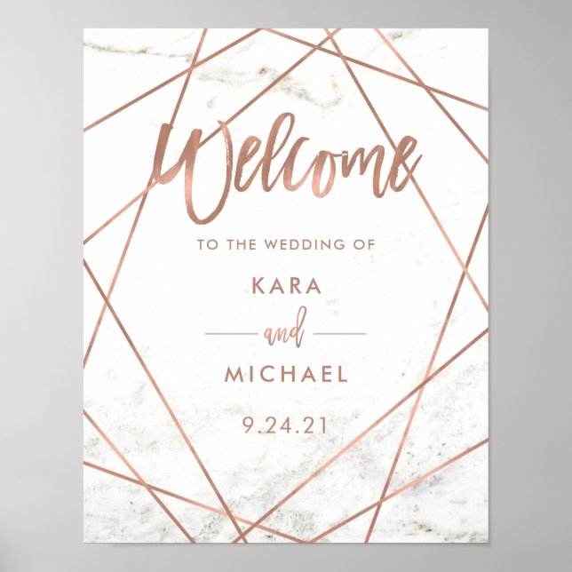 Poster Marble Faux Rose Gold Mariage géométrique Bienvenu (Devant)