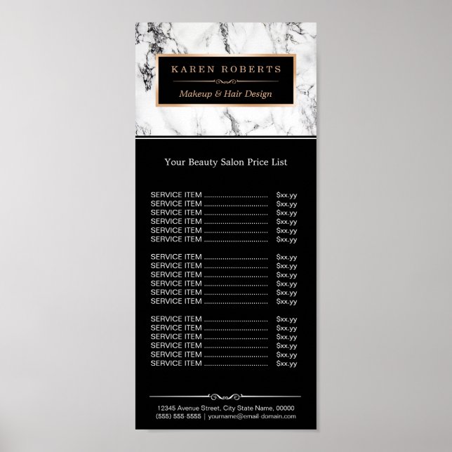 Poster Marbre blanc moderne Beauty Salon Tarifs (Devant)