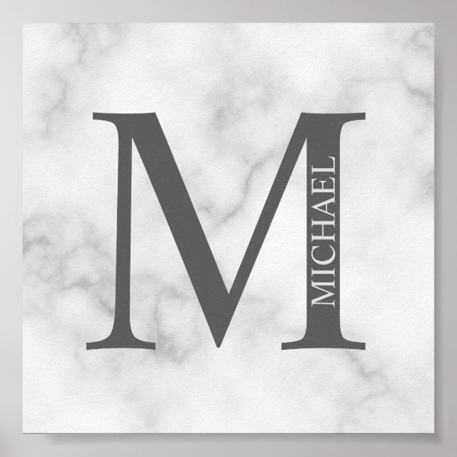Poster Marbre blanc Monogramme personnalisé et nom (Devant)